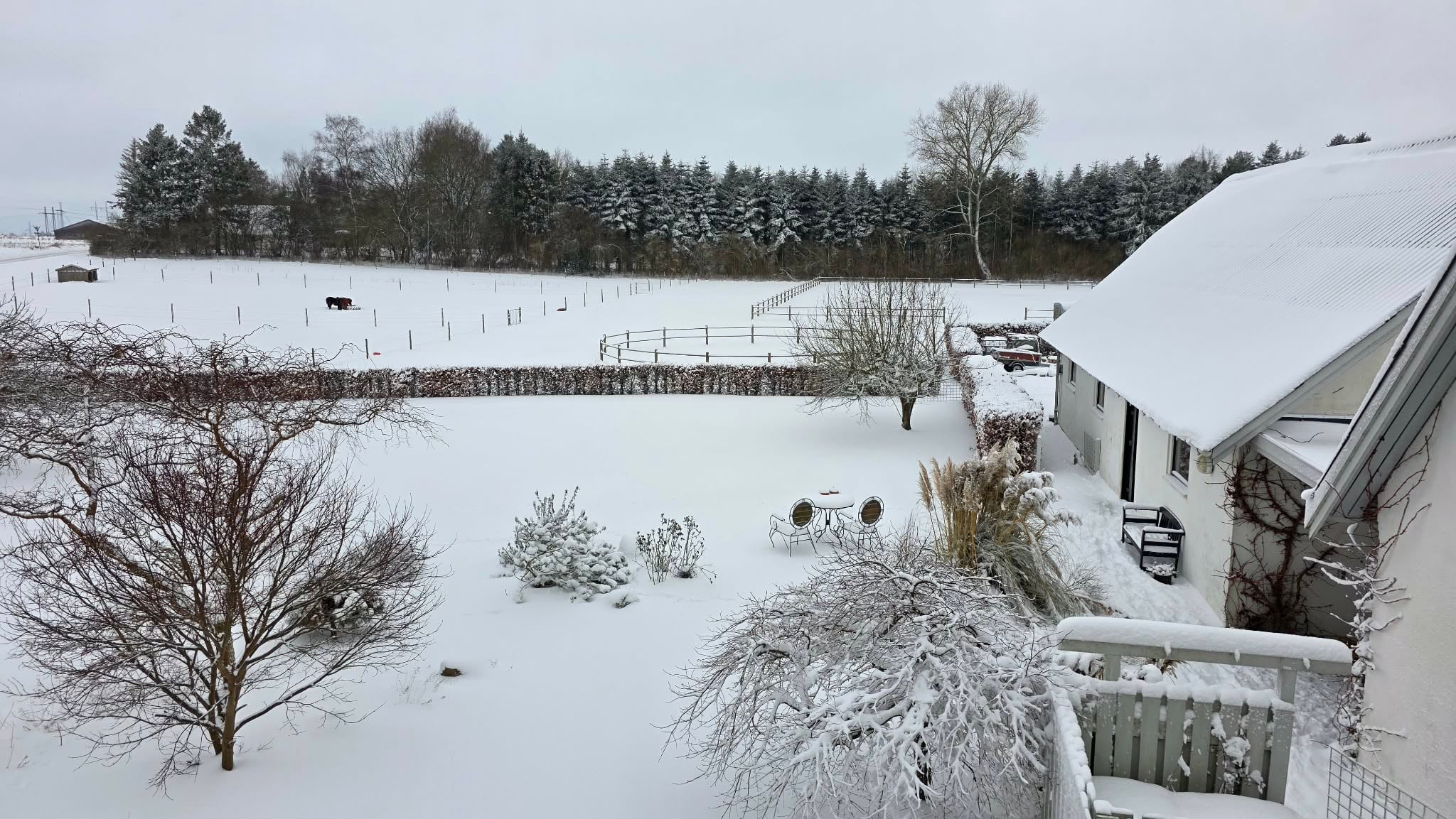 Winter view over the garden and fields. 